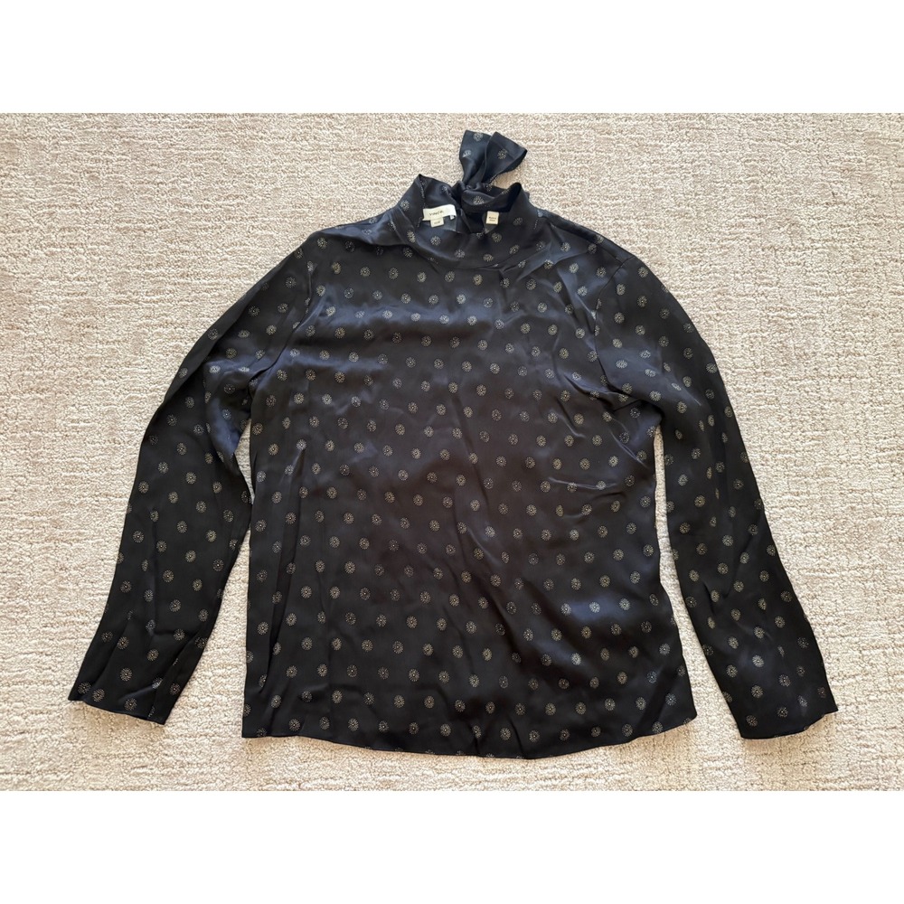 Vince Black Silk Tie Back Mock Neck Blouse Gold Sunburst Print XS RN106730